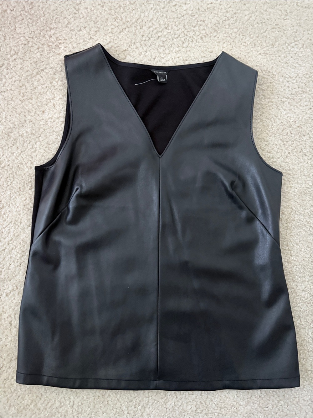 Ann Taylor Black Faux Leather V-Neck Sleeveless Top